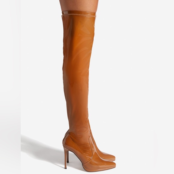 NIB Tan Faux Leather Sexy Stiletto High Boots - Picture 3 of 6